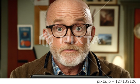 A surprised elderly bald man with glasses and a beard, wearing a brown jacket and a stethoscope, looks directly at the camera 127135126