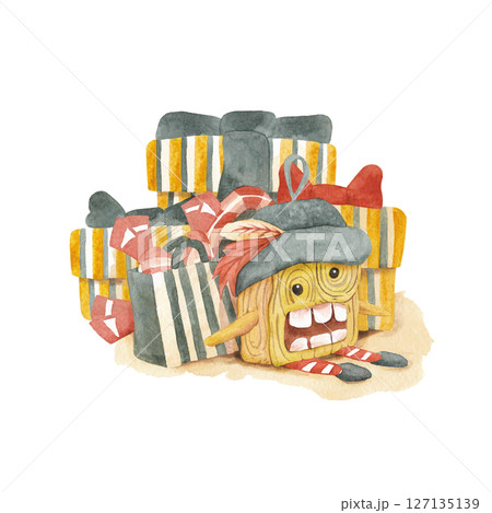 Nutcracker with a pile of Christmas presents. New Year watercolor illustration for your design 127135139