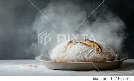 A freshly baked loaf of sourdough bread sits steaming in a grey baking dish, the warm aroma filling the air A freshly baked loaf of sourdough bread sits steaming in a grey baking dish, the warm aroma filling the air 127135153