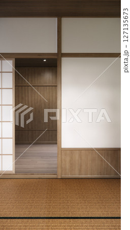 Japan modern room interior cleaning room with tatami mat and lamp Japanese style. 3D rendering 127135673