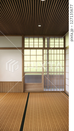 Japan modern room interior cleaning room with tatami mat and lamp Japanese style. 3D rendering 127135677
