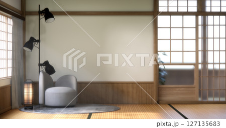 arm chair and decoration japanese on Modern room interior wabisabi style.3D rendering 127135683