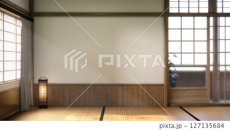 Japan modern room interior cleaning room with tatami mat and lamp Japanese style. 3D rendering 127135684