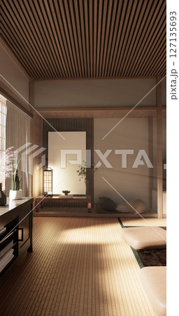 Japan modern room interior cleaning room with tatami mat and lamp Japanese style. 3D rendering 127135693