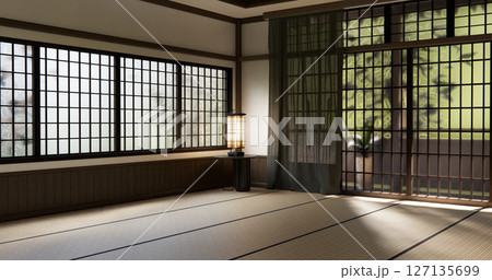 Japan modern room interior cleaning room with tatami mat and lamp Japanese style. 3D rendering 127135699