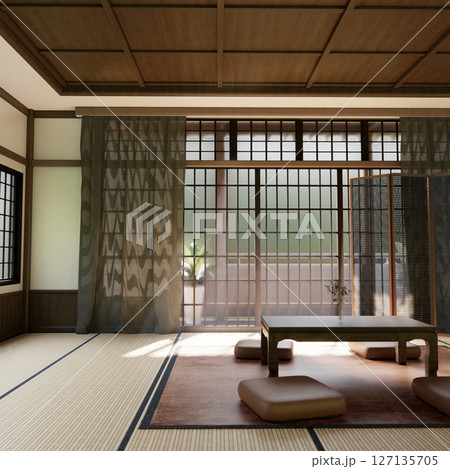 Japanese traditional low table and decoration on minimal muji room japan style.3D rendering 127135705