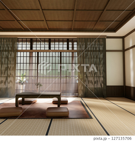Japanese traditional low table and decoration on minimal muji room japan style.3D rendering 127135706