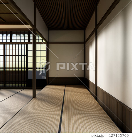 Japan modern room interior cleaning room with tatami mat and lamp Japanese style. 3D rendering 127135709