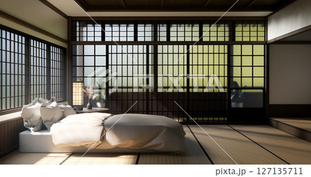 Bed room Japanese traditional and mattress bed modern and decoration to make the room look culture . 3D rendering Bed room Japanese traditional and mattress bed modern and decoration to make the room look culture . 3D rendering 127135711