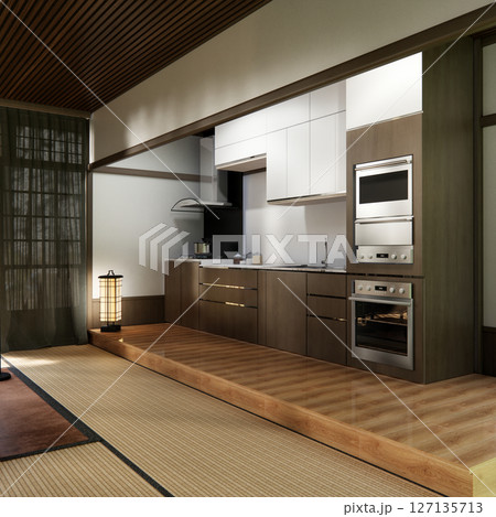 Kitchen room japanese style.3D rendering Kitchen room japanese style.3D rendering 127135713