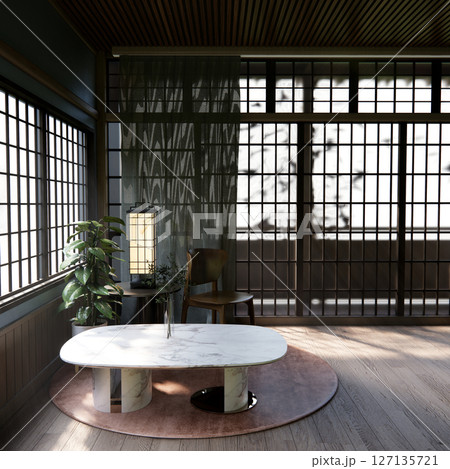 Japanese traditional low table and decoration on minimal muji room japan style.3D rendering Japanese traditional low table and decoration on minimal muji room japan style.3D rendering 127135721