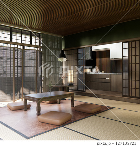Japanese traditional low table and decoration on minimal muji room japan style.3D rendering Japanese traditional low table and decoration on minimal muji room japan style.3D rendering 127135723