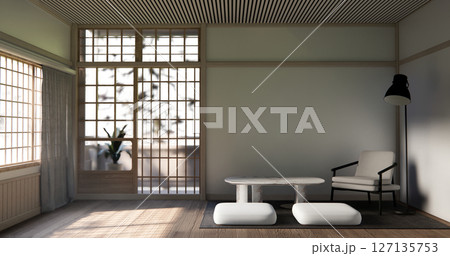 Japanese traditional low table and decoration on minimal muji room japan style.3D rendering 127135753