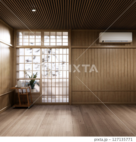 Muji style Empty room minimal with wood panels wall background 3D illustration rendering 127135771