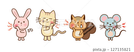 歯が痛くて顔をしかめる動物たちのかわいいイラストセット（うさぎ・ねこ・ネズミ・リス） 127135821
