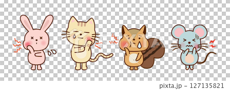 歯が痛くて顔をしかめる動物たちのかわいいイラストセット（うさぎ・ねこ・ネズミ・リス） 127135821