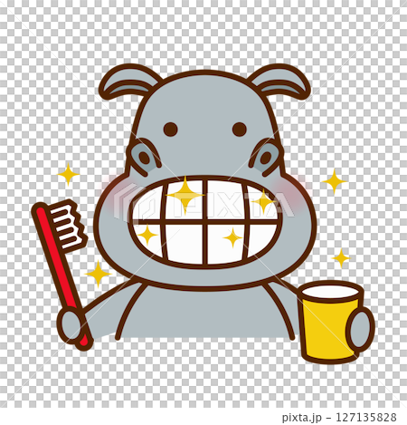 一隻可愛的河馬刷完牙後清潔牙齒的插圖 一隻可愛的河馬刷完牙後清潔牙齒的插圖 127135828