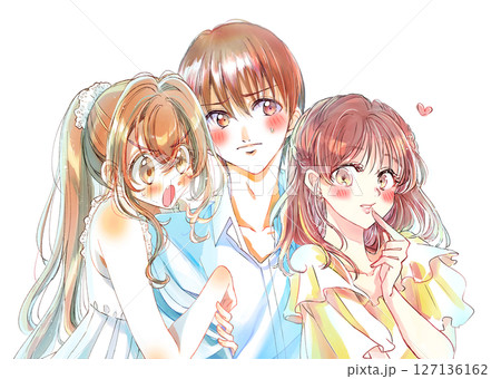 2人の女性にくっつかれる男性　照れる 127136162