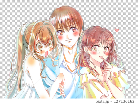 2人の女性にくっつかれる男性　照れる 127136162