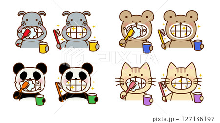 歯みがきをする動物たちのかわいいイラストセット 歯みがきをする動物たちのかわいいイラストセット 127136197