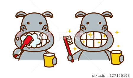 歯みがきをするかわいいカバのイラスト 127136198