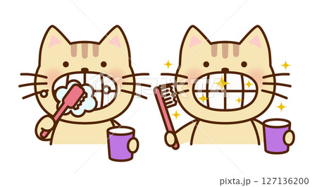 歯みがきをするかわいいねこのイラスト 127136200