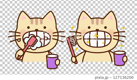 歯みがきをするかわいいねこのイラスト 127136200