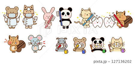歯医者さんと歯みがきする動物たちのかわいいイラストセット 127136202
