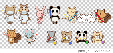 歯医者さんと歯みがきする動物たちのかわいいイラストセット 127136202