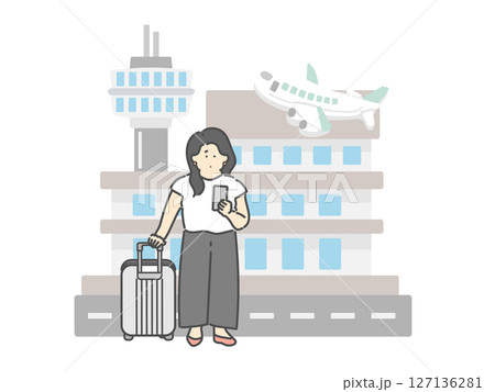 旅行中の若い女性 空港 飛行機 建物 イラスト 旅行中の若い女性 空港 飛行機 建物 イラスト 127136281