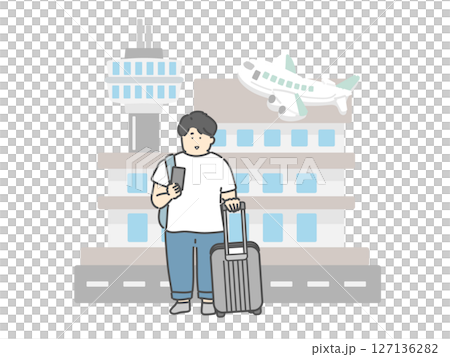 Young man traveling airport airplane building illustration 127136282