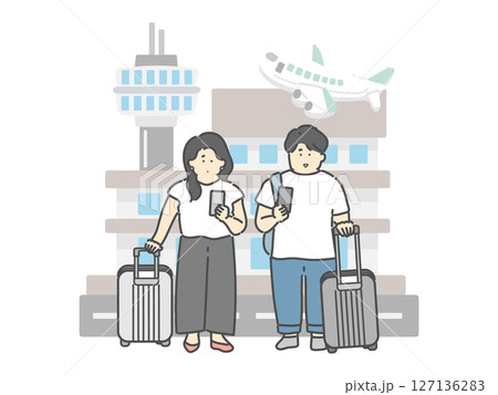 旅行中の若い男女  空港 飛行機 建物 イラスト 127136283
