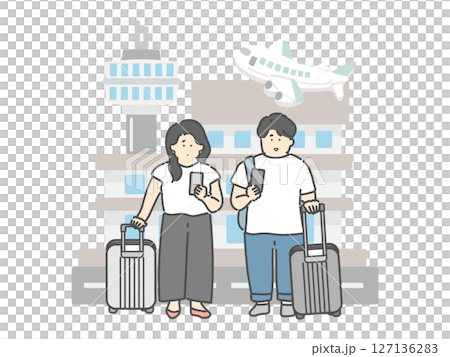 年輕男女旅行機場飛機建築插畫 127136283