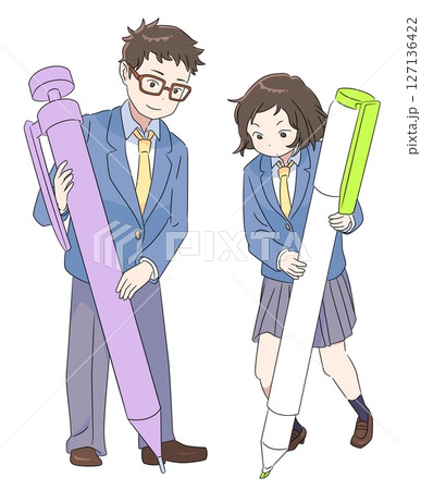 学習教材などに使えるペンを持って勉強を頑張る男女の学生のイラストセット 127136422