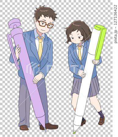 Illustration set of male and female students studying hard with pens that can be used as study materials 127136422