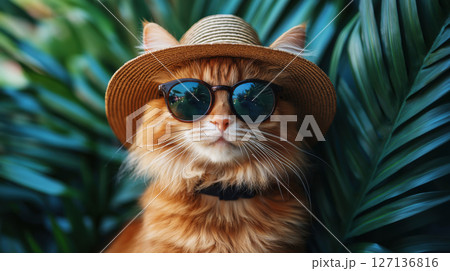 Funny ginger cat wearing sunglasses and a straw hat, posing confidently among tropical palm leaves. Whimsical summer vacation mood. Stylish feline. 127136816