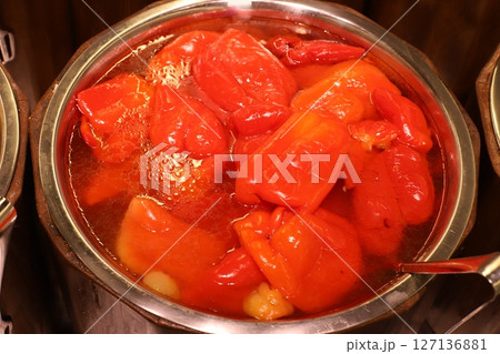 Pickled vegetables are sold at a market in Israel. 127136881
