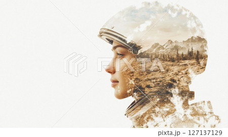Double exposure female astronaut in helmet merging with landscape, futuristic concept 127137129