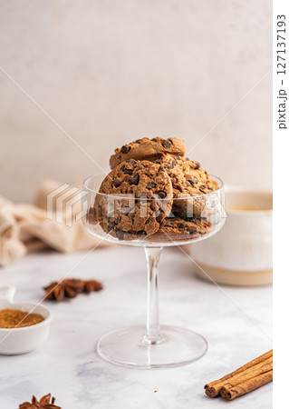 Golden chocolate chip cookies 127137193
