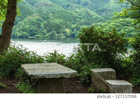 群馬県みどり市・草木湖畔の石のベンチと新緑 群馬県みどり市・草木湖畔の石のベンチと新緑 127137206