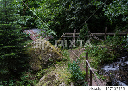 A water chute leading to a watermill in the forest, Georgia 127137326