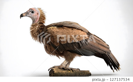 A large bird with a bald head and a white beak stands on a log 127137534