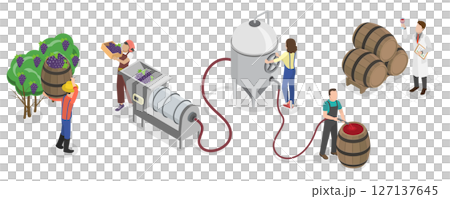 3D Isometric Flat  Illustration of Wine Production Process , Winery Operations 127137645