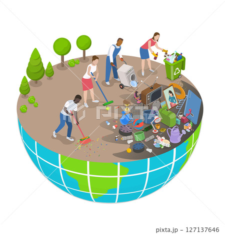 3D Isometric Flat  Illustration of Saving Planet, People Cleaning Garbage on Earth Area 127137646