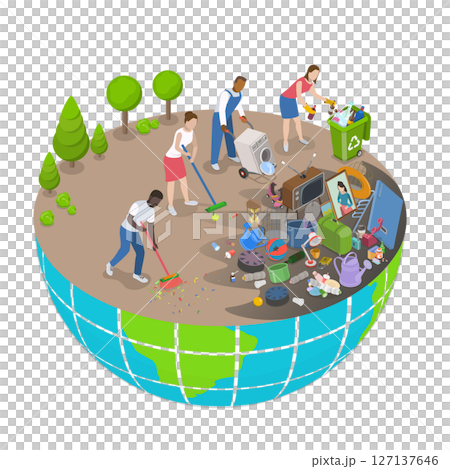 3D Isometric Flat  Illustration of Saving Planet, People Cleaning Garbage on Earth Area 127137646