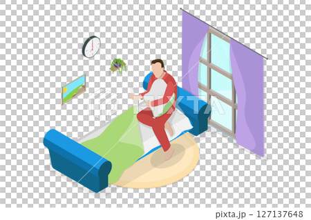 3D Isometric Flat Illustration of Waking Up With Smartphone, Man Relaxing On Bed With a Gadget 3D Isometric Flat Illustration of Waking Up With Smartphone, Man Relaxing On Bed With a Gadget 127137648