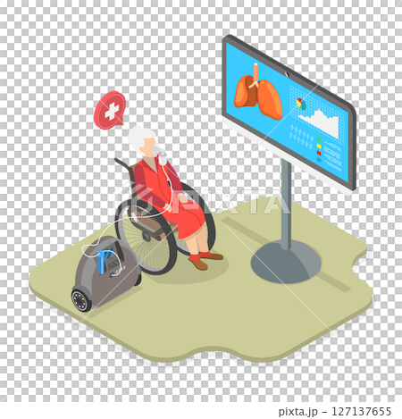 3D Isometric Flat  Illustration of Oxygen Therapy, Breathing With Oxygen Support 127137655