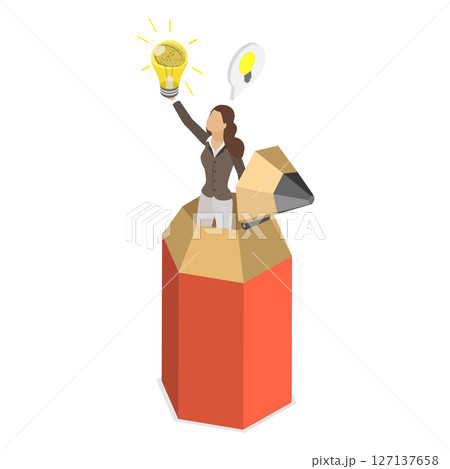 3D Isometric Flat Illustration of Creative Skills, Young Creative Man Discovers New Lightbulb Idea Through Imagination And Inspiration 3D Isometric Flat Illustration of Creative Skills, Young Creative Man Discovers New Lightbulb Idea Through Imagination And Inspiration 127137658