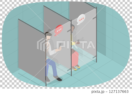 3D Isometric Flat  Illustration of Using Gadgets In Washroom, People in Restroom 127137663