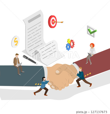 3D Isometric Flat  Illustration of Business Deal, Handshake, a Formal Agreement Between Partners 127137673
